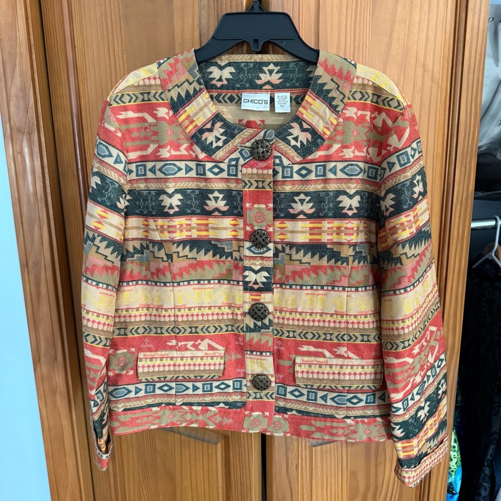 Chico's Multicolor Patterned Jacket Women’s Size 1 Southwestern Buttoned